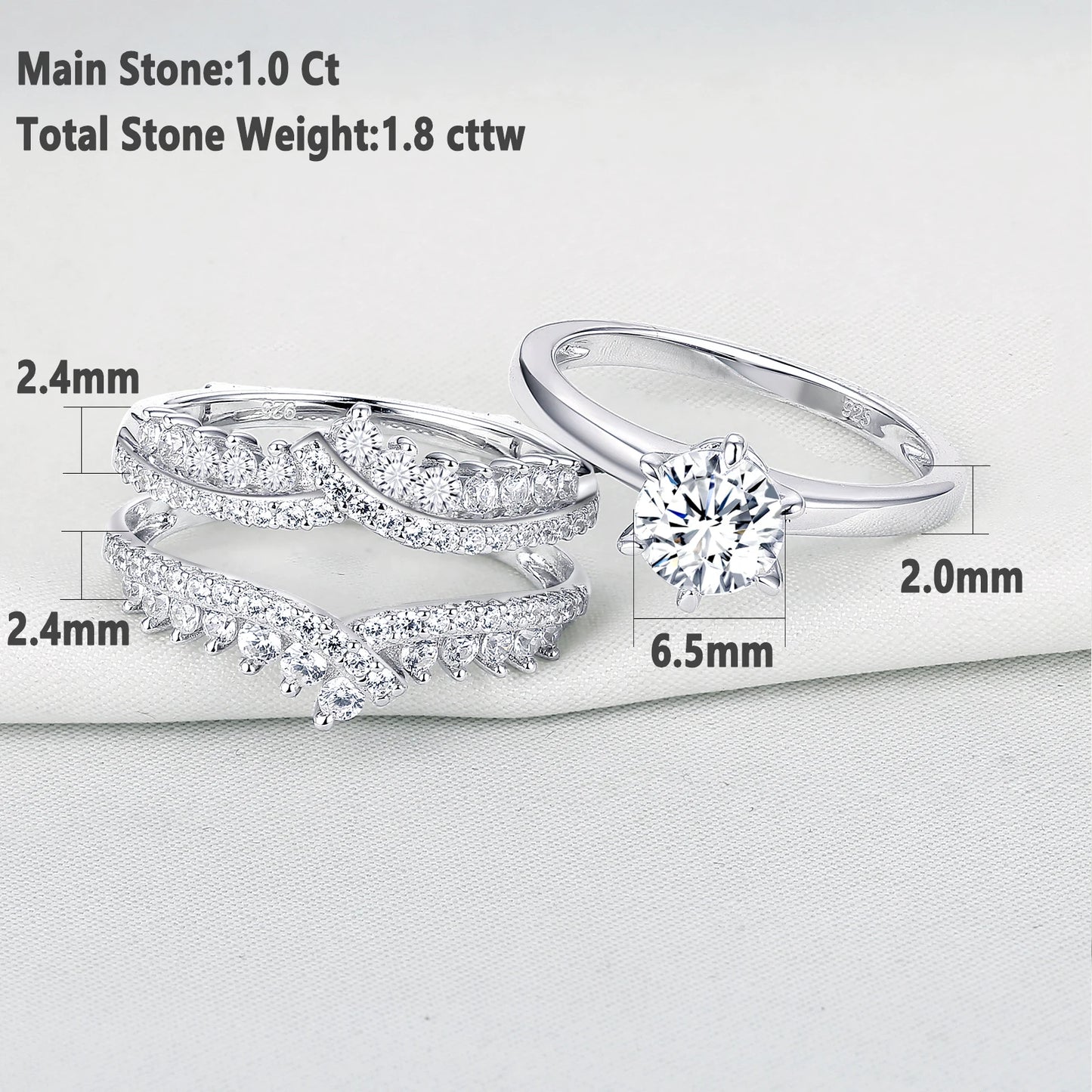 Newshe 925 Silver Bridal Set Original Wedding Rings for Women 1.8Ct Round Cut Zircon Moissanite Engagement Ring Enhancer Band