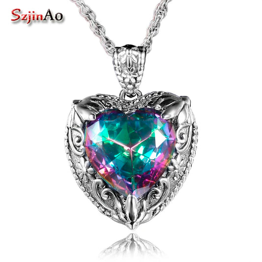 Szjinao Vintage Mystic Topaz Heart Necklace Pendant For Women Solid 925 Sterling Silver Rainbow Topaz Pendants Woman Jewelry Hot