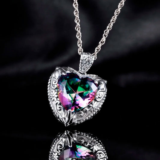 Szjinao Vintage Mystic Topaz Heart Necklace Pendant For Women Solid 925 Sterling Silver Rainbow Topaz Pendants Woman Jewelry Hot