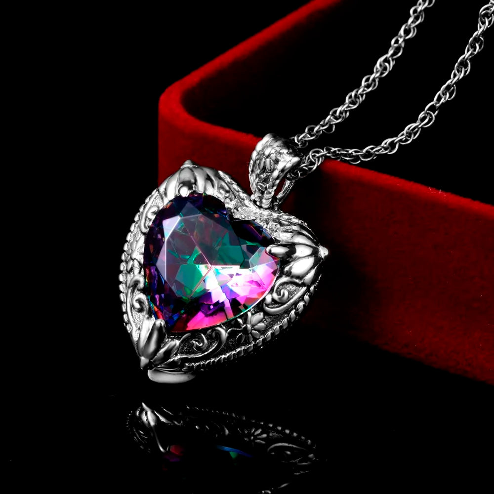 Szjinao Vintage Mystic Topaz Heart Necklace Pendant For Women Solid 925 Sterling Silver Rainbow Topaz Pendants Woman Jewelry Hot