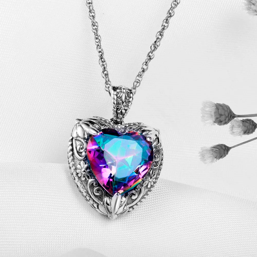 Szjinao Vintage Mystic Topaz Heart Necklace Pendant For Women Solid 925 Sterling Silver Rainbow Topaz Pendants Woman Jewelry Hot
