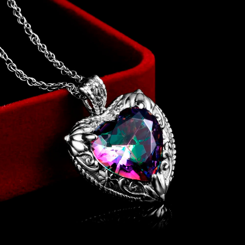 Szjinao Vintage Mystic Topaz Heart Necklace Pendant For Women Solid 925 Sterling Silver Rainbow Topaz Pendants Woman Jewelry Hot