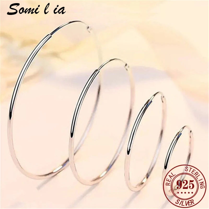 SOMILIA 925 Sterling Silver Platinum Big Hoop Earrings for Women Real Money Jewelry Female Fashion Womens Fine Earrings 10-90mm