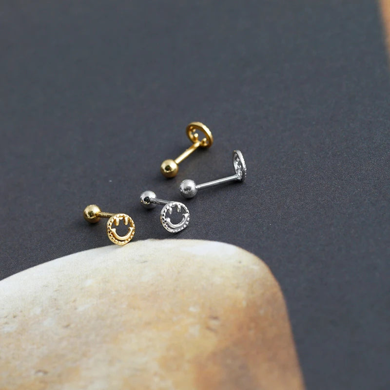 WANTME 925 Sterling Silver Fashion Cute Lucky Smile Screw Bead Piercing Stud Earrings for Women Classic Simple Ear Bone Jewelry