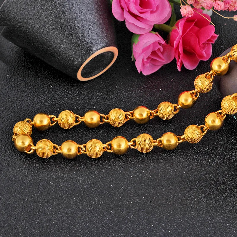 Genuine 18k Gold Color Necklace For men Solid round pearlChain Clavicle Chain Necklace 60cm Single Chain Fine Jewelry