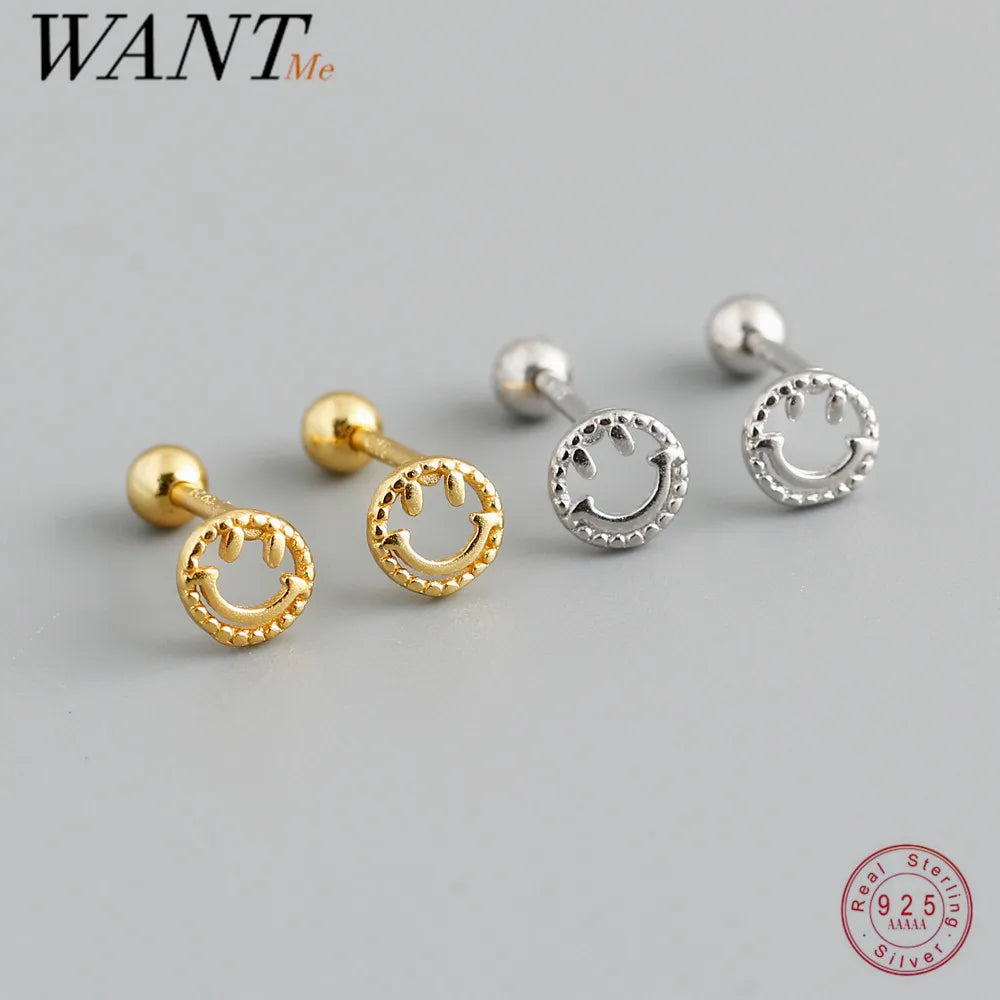 WANTME 925 Sterling Silver Fashion Cute Lucky Smile Screw Bead Piercing Stud Earrings for Women Classic Simple Ear Bone Jewelry