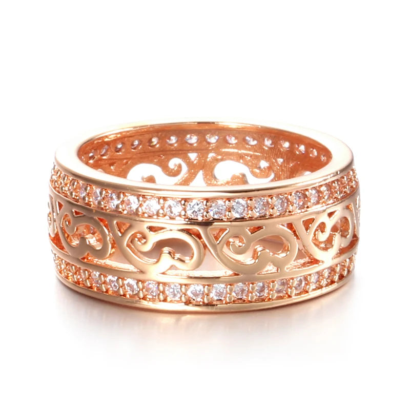 Kinel New Arrivals 585 Rose Gold Ring Double Row Micro-wax Inlay Natural Zircon Hollow Rings Women Wedding Party Fine Jewelry