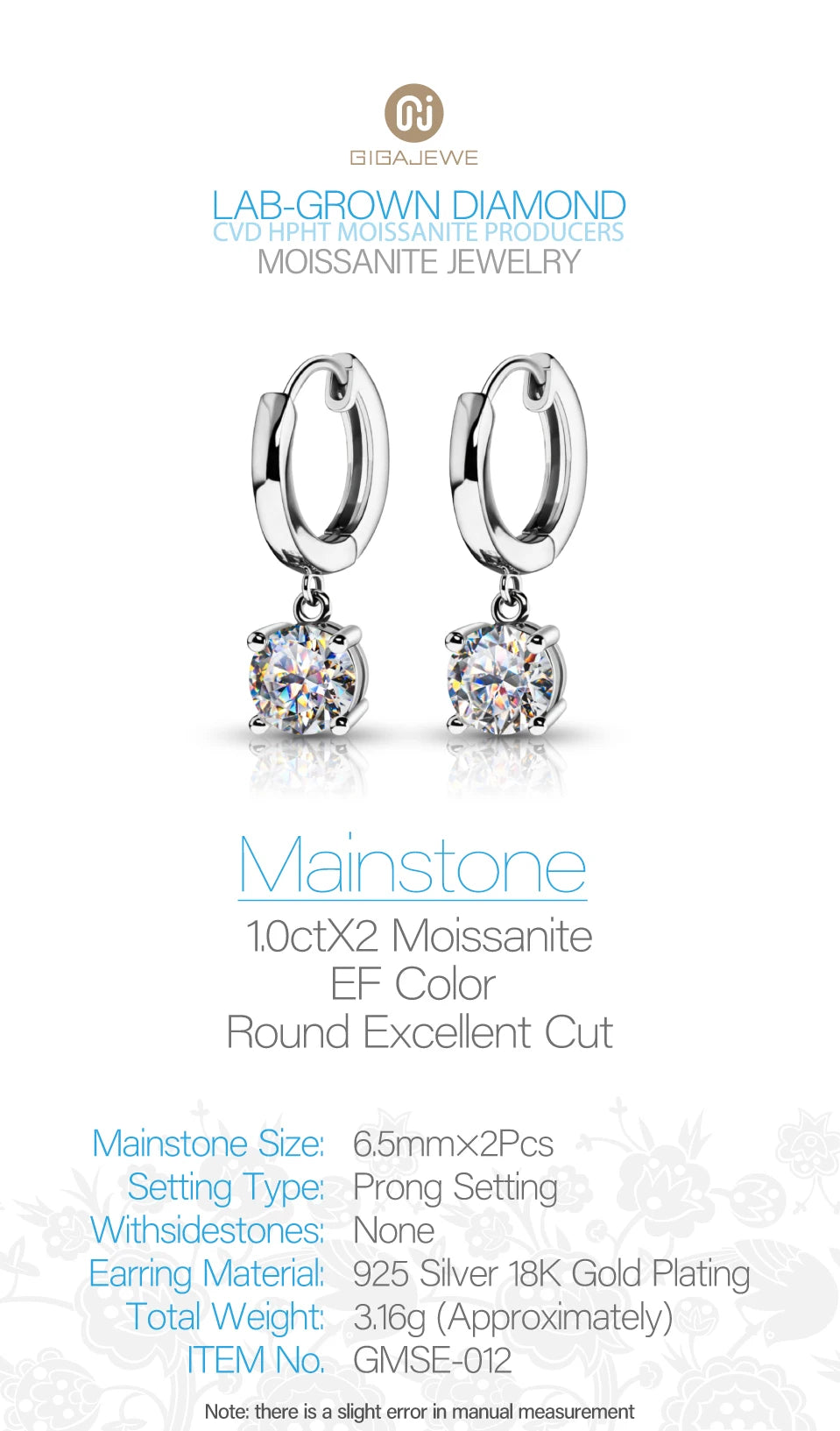GIGAJEWE Moissanite White D VVS1 Total 2ct 925 Silver Drop Earring 18K Gold Plated Diamond Test Passed Jewelry Woman Girl Gift