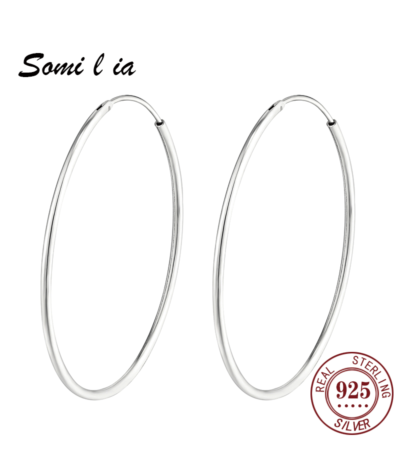 SOMILIA 925 Sterling Silver Platinum Big Hoop Earrings for Women Real Money Jewelry Female Fashion Womens Fine Earrings 10-90mm