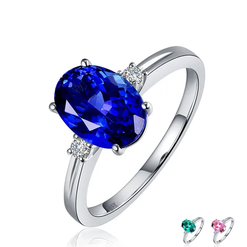Cellacity classic Sapphire Silver  Ring with oval green/pink/blue gemstone adjust size luxury silver jewelry gift for woman