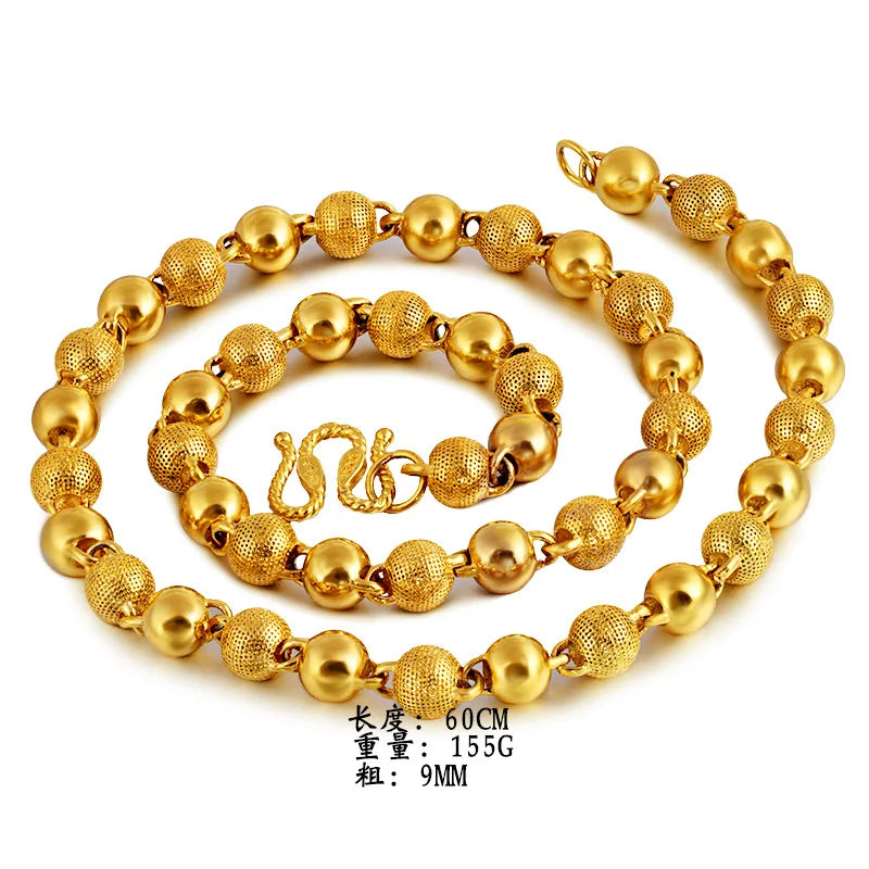 Genuine 18k Gold Color Necklace For men Solid round pearlChain Clavicle Chain Necklace 60cm Single Chain Fine Jewelry