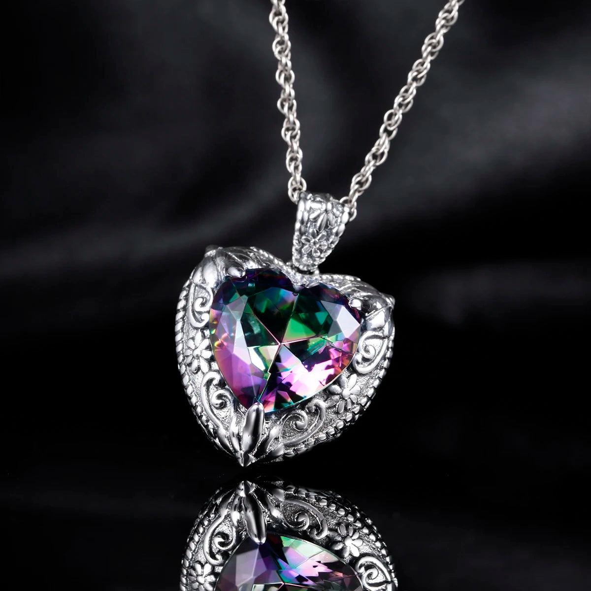 Szjinao Vintage Mystic Topaz Heart Necklace Pendant For Women Solid 925 Sterling Silver Rainbow Topaz Pendants Woman Jewelry Hot