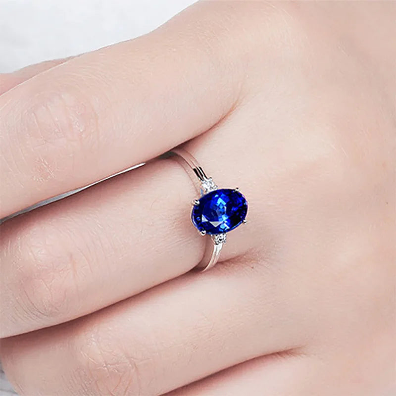 Cellacity classic Sapphire Silver  Ring with oval green/pink/blue gemstone adjust size luxury silver jewelry gift for woman