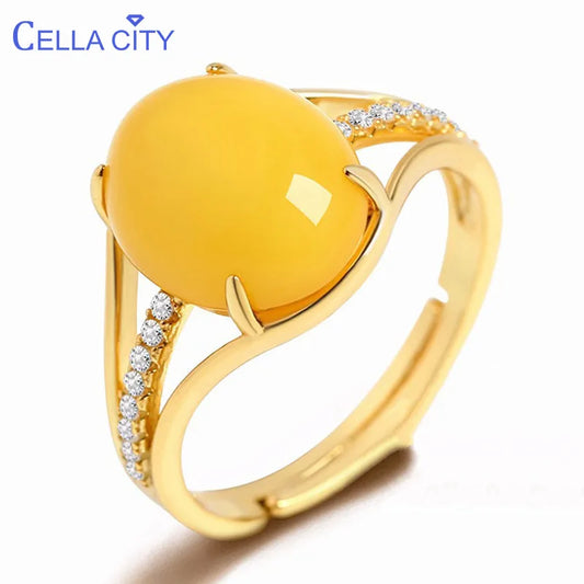 Cellacity Ethnic style Silver  Jewelry Big Oval Yellow Amber Ring for Women Gemstones Opening adjustable Anniversary Gift