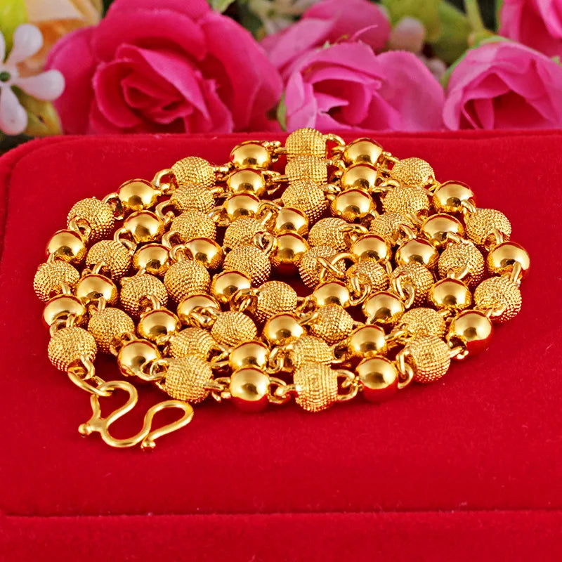 Genuine 18k Gold Color Necklace For men Solid round pearlChain Clavicle Chain Necklace 60cm Single Chain Fine Jewelry