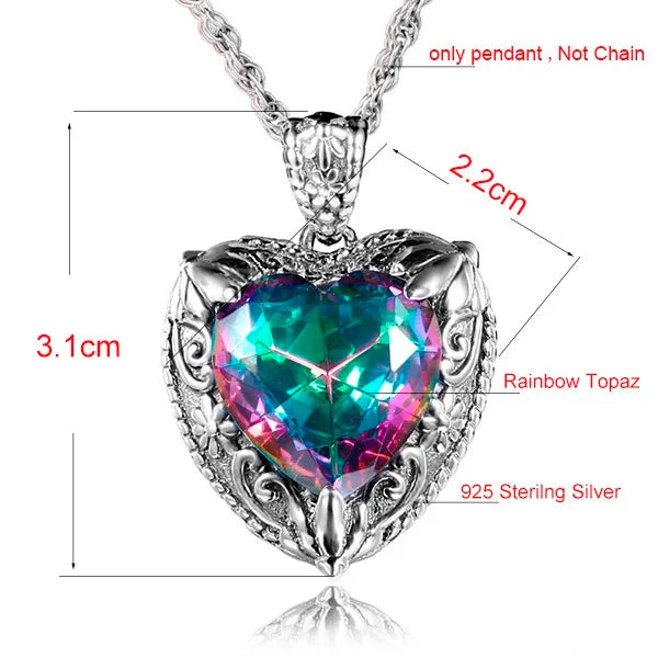 Szjinao Vintage Mystic Topaz Heart Necklace Pendant For Women Solid 925 Sterling Silver Rainbow Topaz Pendants Woman Jewelry Hot