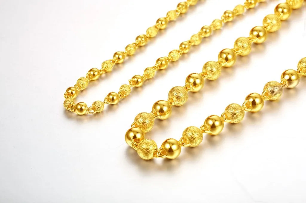 Genuine 18k Gold Color Necklace For men Solid round pearlChain Clavicle Chain Necklace 60cm Single Chain Fine Jewelry