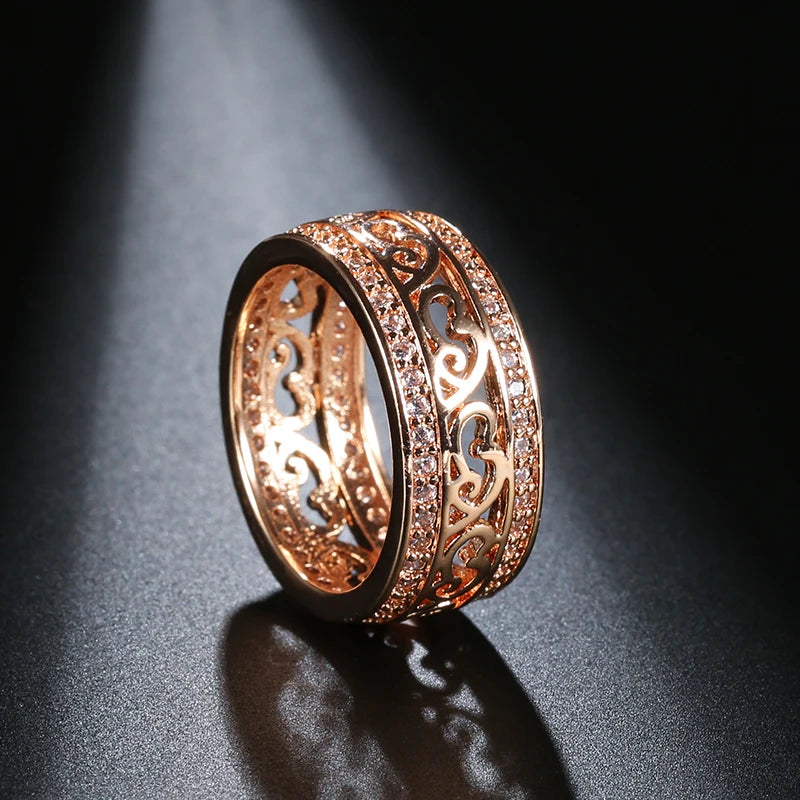 Kinel New Arrivals 585 Rose Gold Ring Double Row Micro-wax Inlay Natural Zircon Hollow Rings Women Wedding Party Fine Jewelry