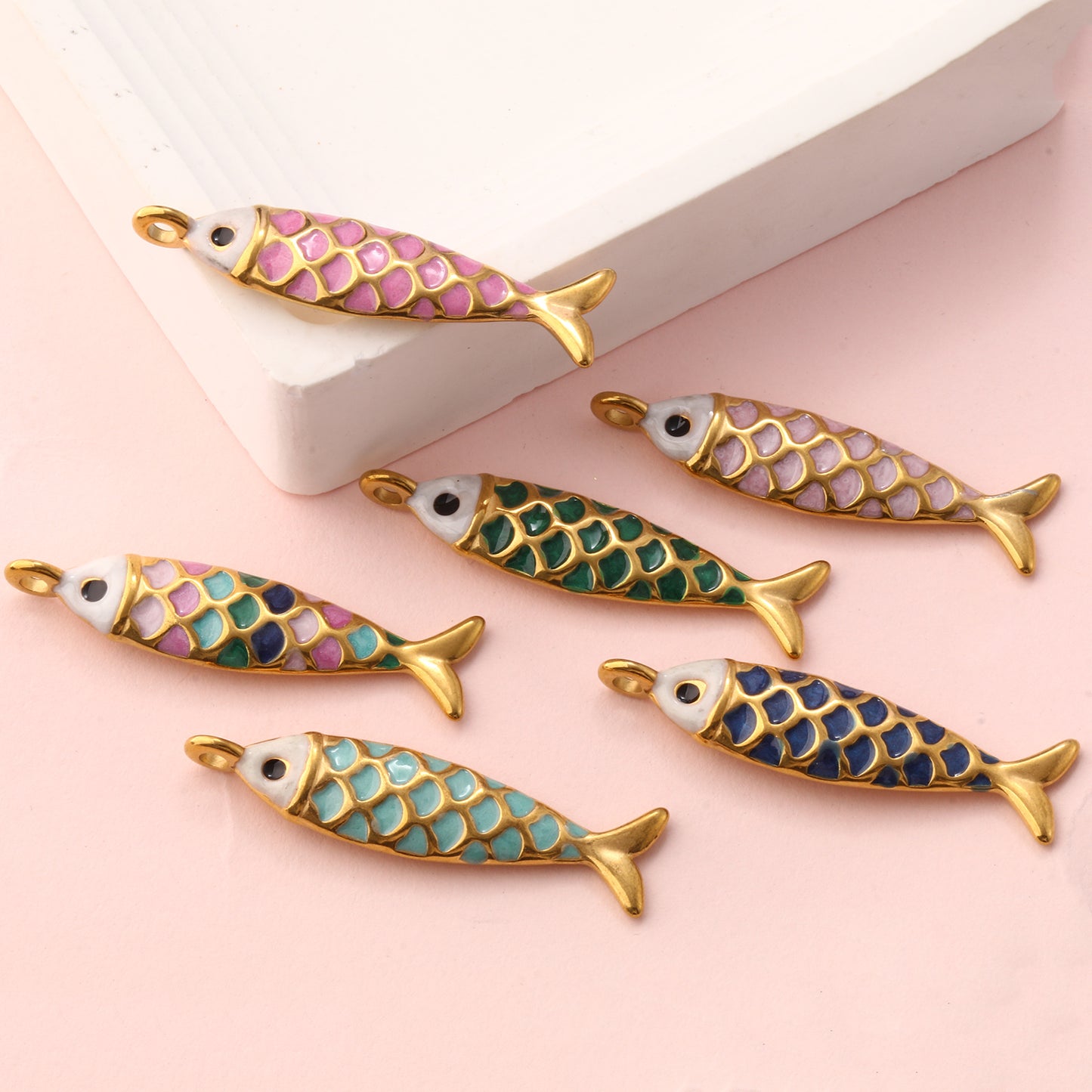 1pc Stainless Steel Charms Gold Color Ocean Fish Animal Pearlized Multicolor Enamel Pendant DIY Women Necklace Jewelry Findings