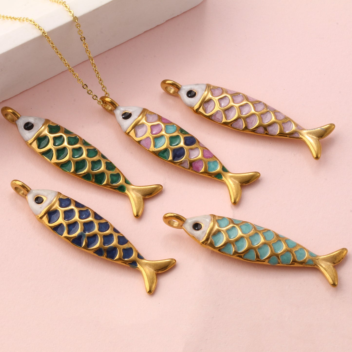 1pc Stainless Steel Charms Gold Color Ocean Fish Animal Pearlized Multicolor Enamel Pendant DIY Women Necklace Jewelry Findings