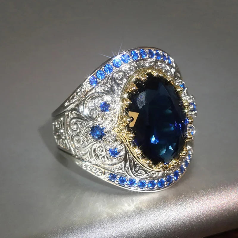 2026 Women's Bohemian Style Retro Exaggerated Texture Zircon Ring European And American Two Tone Accessory