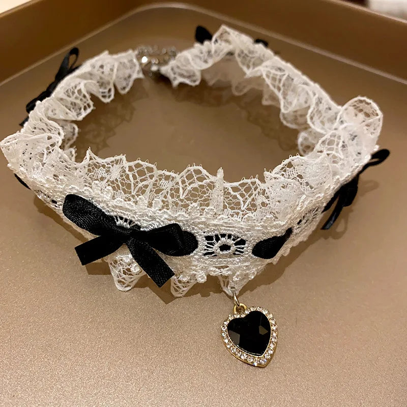 Pink Lace Bow Chokers Necklaces for Women Lolitas Heart Pendant Necklace Wide Ribbon Collar Cosplay Uniform Accessories
