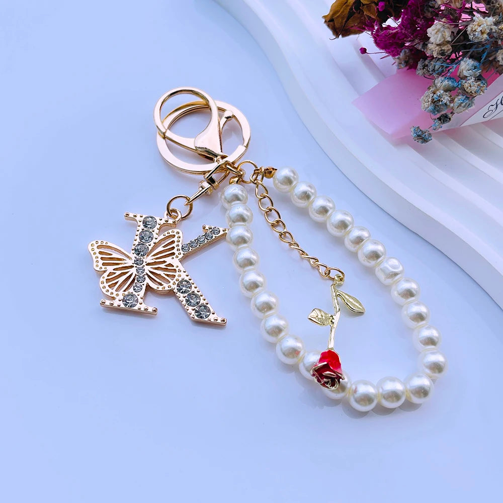 Exquisite Initial A-Z 26 Butterfly Capital Letters Red Rose Keyring Crystal Resin Pearl Beaded Keychain Bag Pendant Women Gift