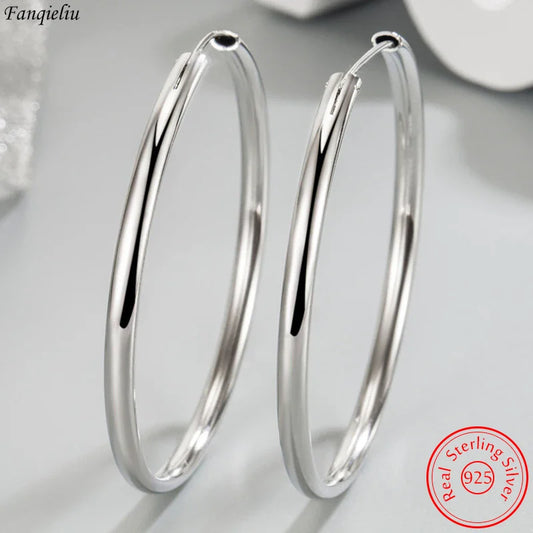 Real 925 Sterling Silver Women's New Jewelry Fashion Round Hoop Earrings FQL23634