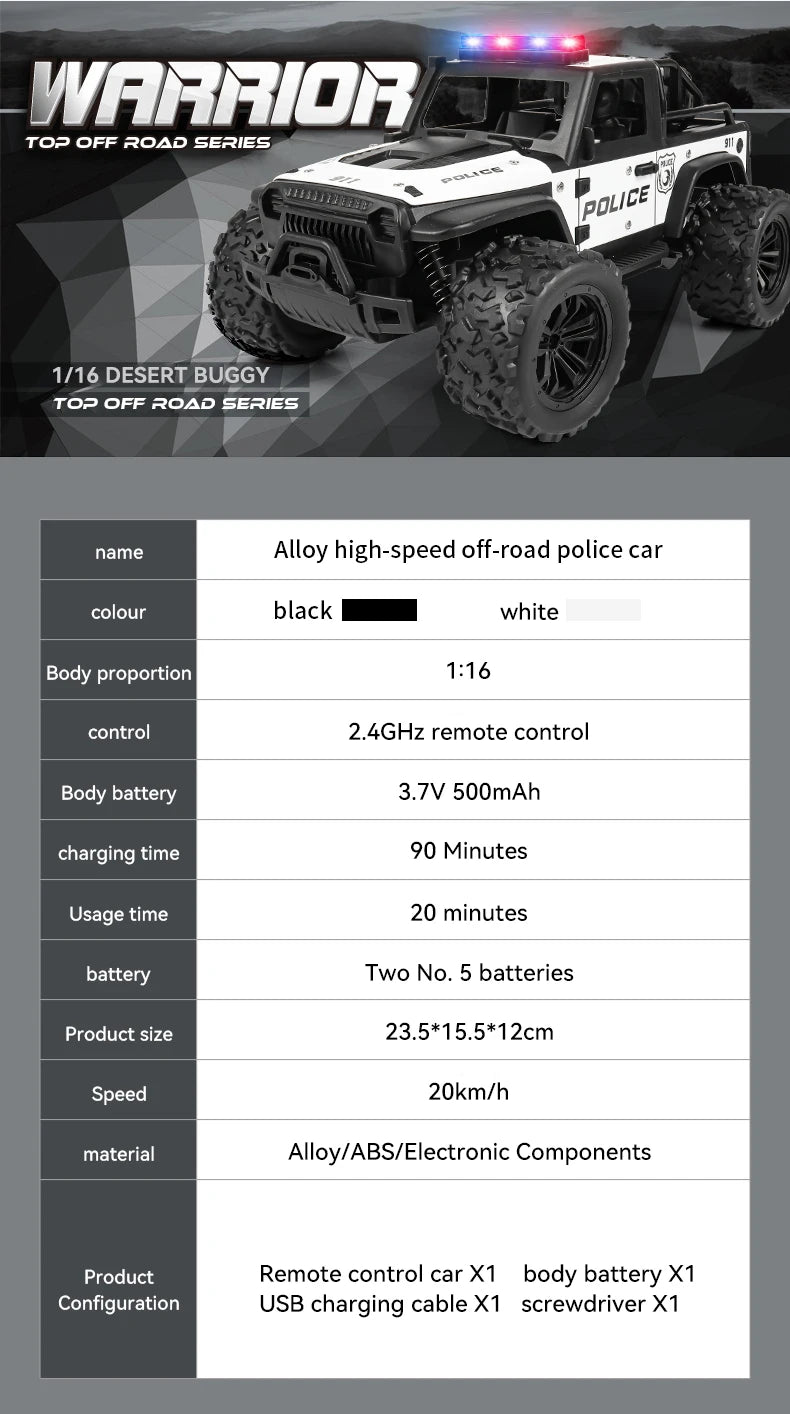 1:16 Alloy High Speed Off-Road Police Truck RC Car with Music Sound and LED Lights Outdoor Toy 2.4G Remote Control Cars