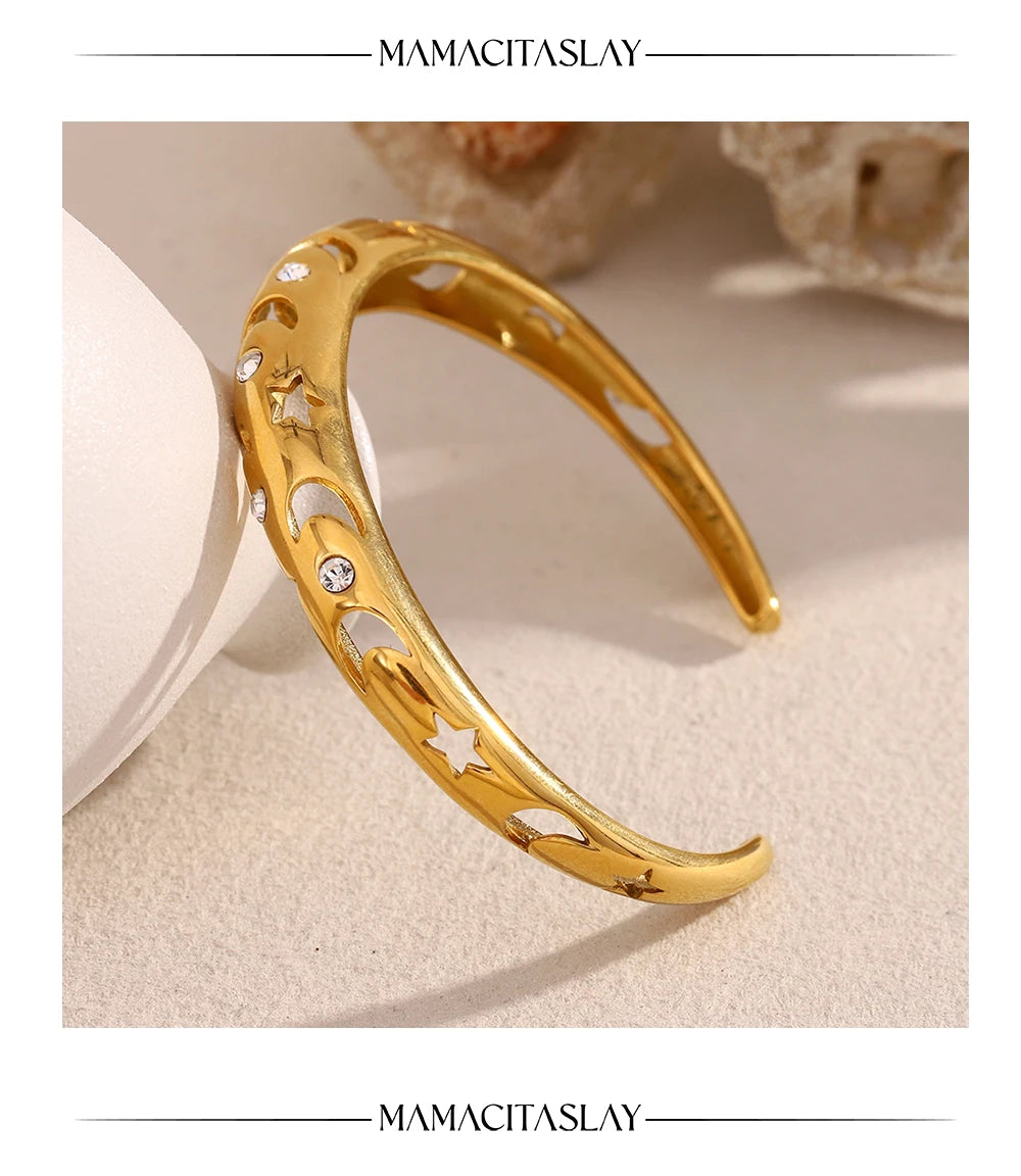 MamacitaSlay 316L Stainless Steel Star Moon Zircon Open Bracelet Party Waterproof 18K Gold Plated Jewelry Women's Charm Bracelet