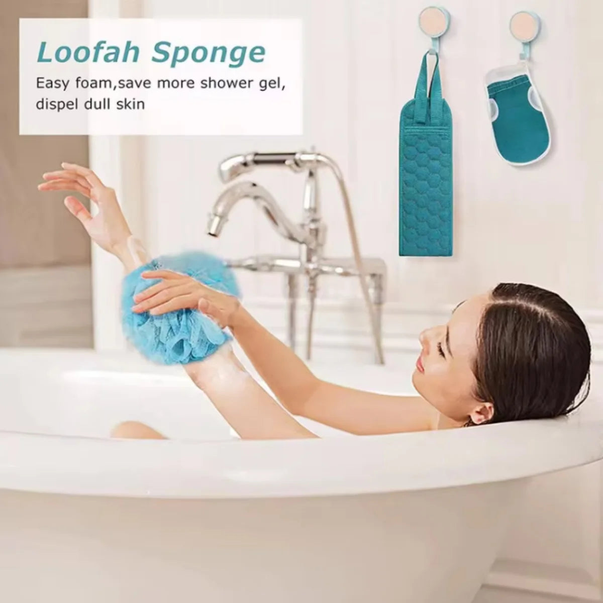 3 Colors Three-piece Bath Set, Rub Bath and Bath Artifact, Household Long Rub Back Towel, Bath Gloves, Bath Flower Set