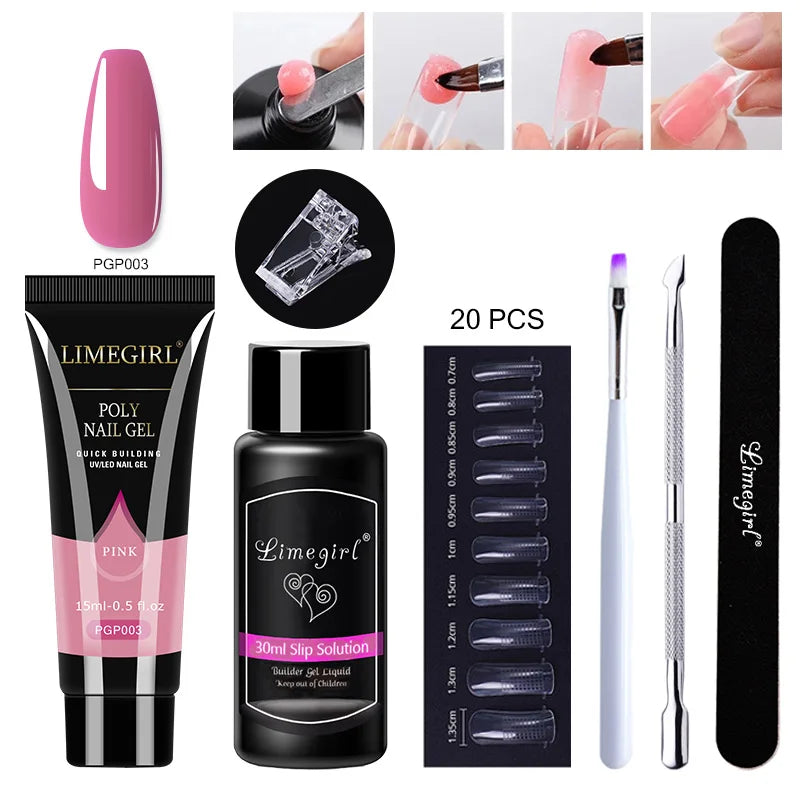 15ml Poly Nail Gel Complete Set for Nail Extension Glitter Solid Color Gel Polish Kit Quick Extension Gel Soak Nail Art DIY Nail
