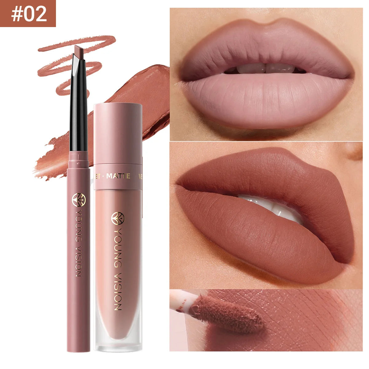 2Pcs Lip Gloss and Lip Liner Set, Matte Finish Non-Stick Cup Long-Lasting Lip Color and Liner Combo, Perfect for Defined Lips