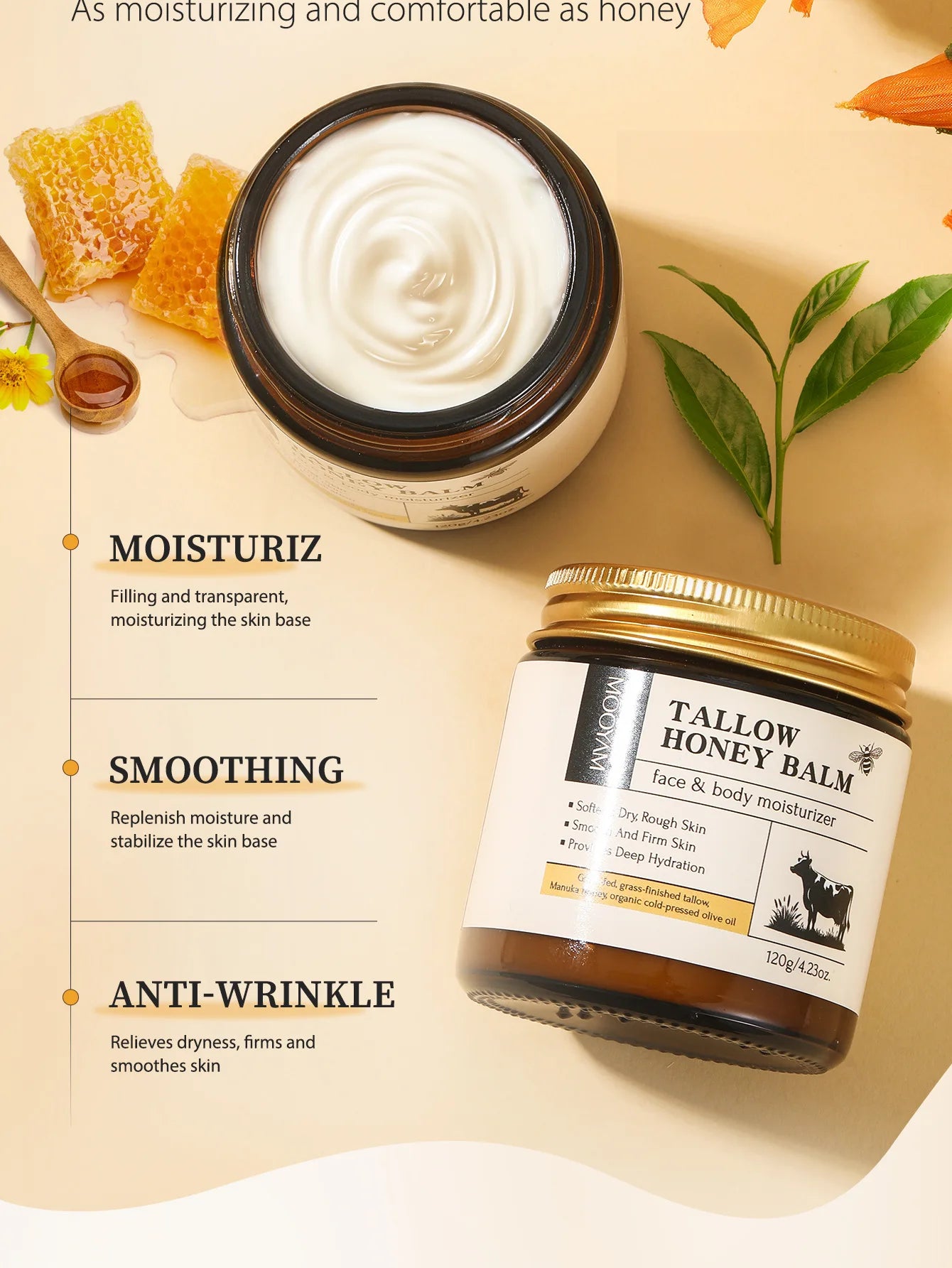 120g Beef Tallow Paste Deeply Moisturizer Brightening Wrinkle Remover Grass Fed Tallow Wild Honey Face Body Cream Skin Car