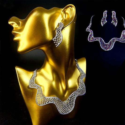 New Luxury Stereo Ripple sliver color Necklace Earrings Women's Dress Decorative Jewelry Suitable for Wedding Prom Gifts M-812