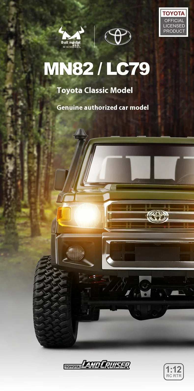 MN82 Green Color 4WD Off-road Rc Car LC79 1:12 280 Brushed Motor Simulation Professional 2.4G Remote Control Pickup Truck Model
