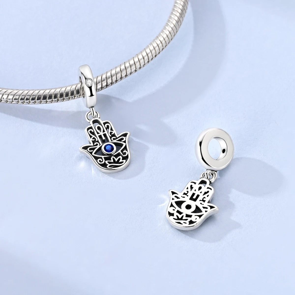 925 Sterling Silver Hamsa Hand Evil Eye Charms Blue Clear CZ Filigree Ankh Dangle Beads Fit Bracelets Women Jewelry Gift