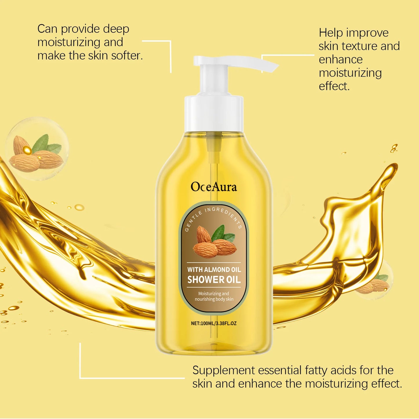 OceAura Shower Oil Sweet Almond Oil Body Cleaning Smooth Skin Barrier Repair Deep Hydration Improve Dryness Coconut Oil Bath Oil