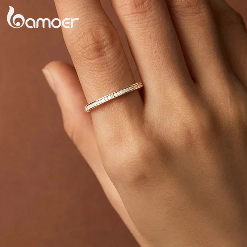 BAMOER Moissanite Wedding Band 925 Sterling Silver Eternity Rings Platinum Plated Lab Created Diamond Stackable Ring for Women