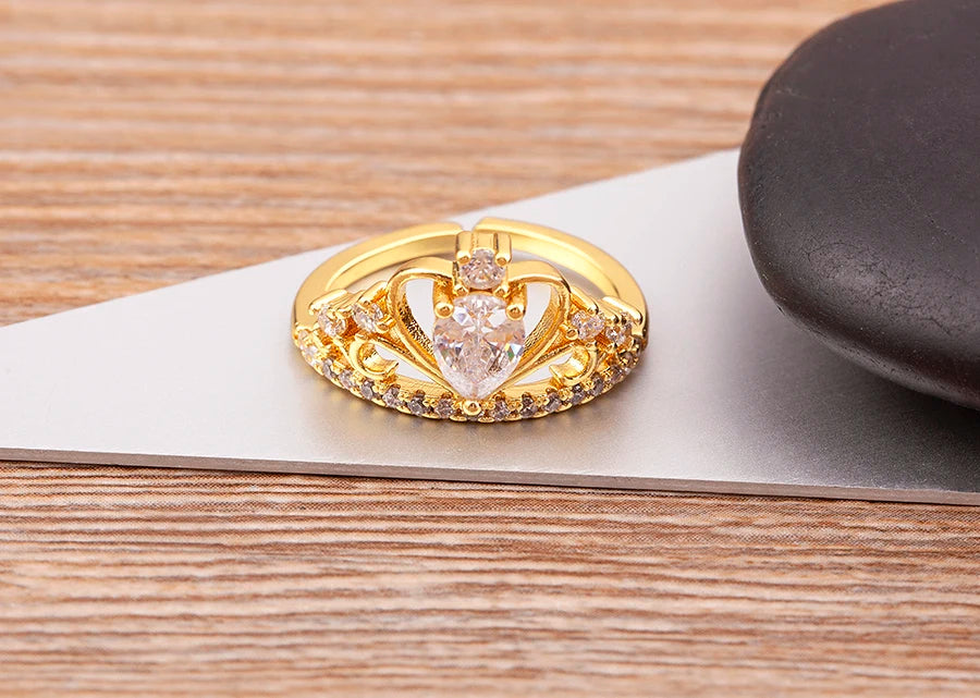 Nidin New Design Crown-Shaped Hollow Inlaid Shiny Rhinestone Open Ring Women Temperament Zircon Adjustable Jewelry Wedding Gift
