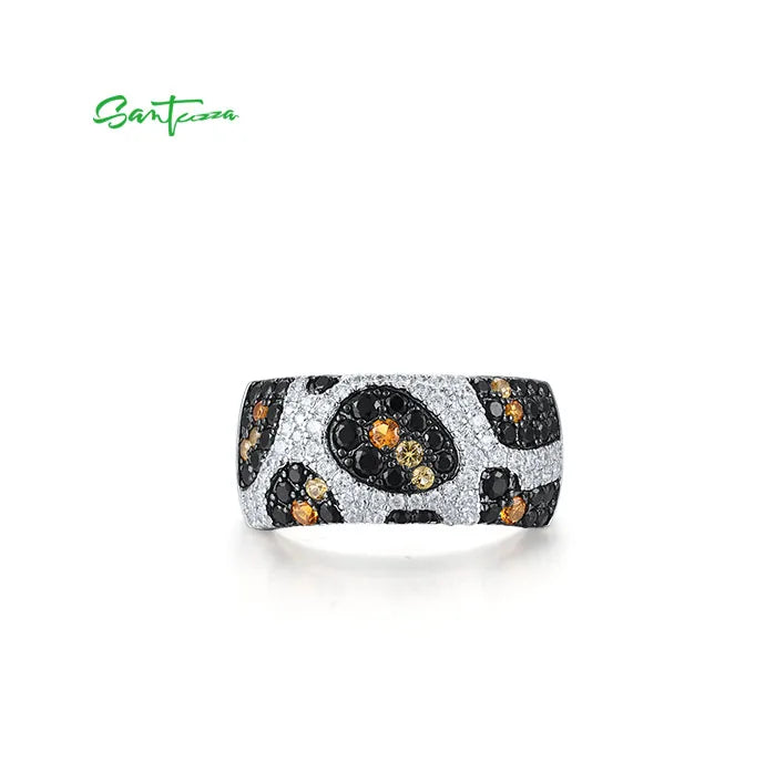 SANTUZZA Genuine 925 Sterling Silver Rings For Women Sparkling Brown Spinel White CZ Leopard Print Elegant Gift Fine Jewelry