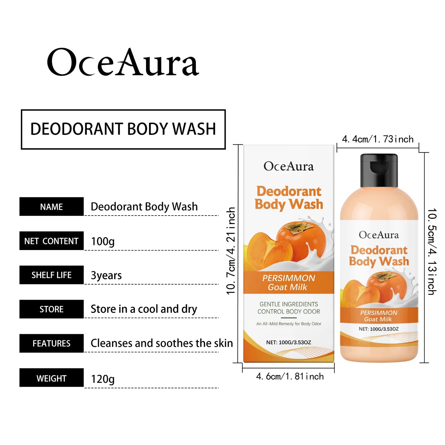 OceAura Persimmon Soap Bar for Body Odor Control Deodorant Professional Skin Cleaning Goat Milk Body Wash Persimmon Shower Gel