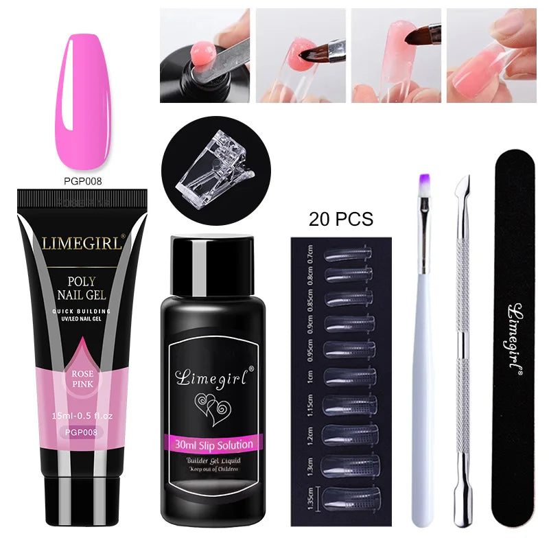 15ml Poly Nail Gel Complete Set for Nail Extension Glitter Solid Color Gel Polish Kit Quick Extension Gel Soak Nail Art DIY Nail
