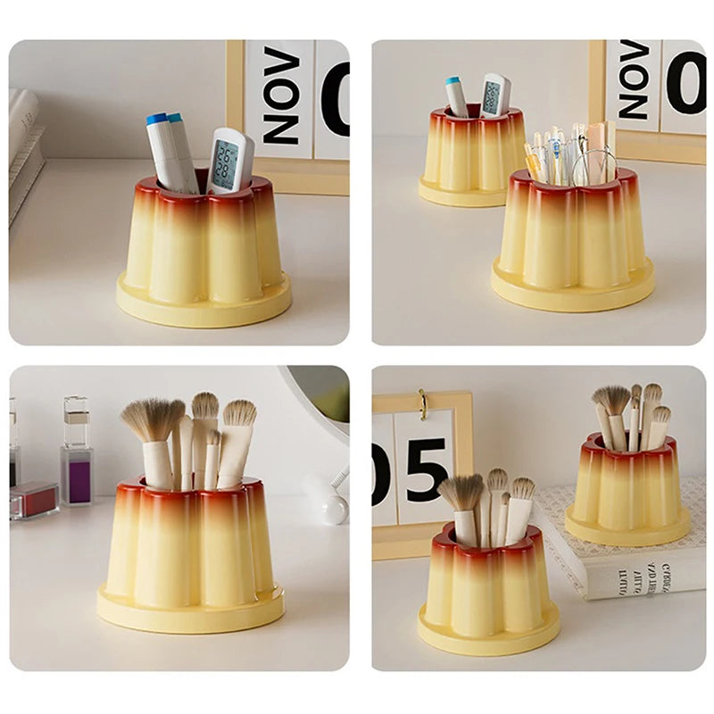 Cute Multifunctional Caramel Pudding Jelly Lotus Makeup Brush Storage Bucket Large Capacity Desktop Ornament Creative Pen Holder