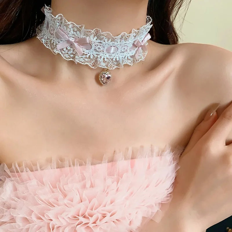 Pink Lace Bow Chokers Necklaces for Women Lolitas Heart Pendant Necklace Wide Ribbon Collar Cosplay Uniform Accessories