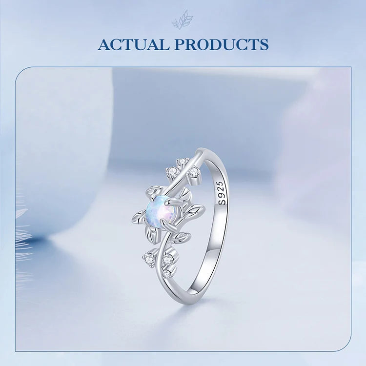BAMOER 925 Sterling Silver Leaf Ring White Opal Rings Elegant Vine Ring for Women Birthday Gift with Jewelry Box BSR309