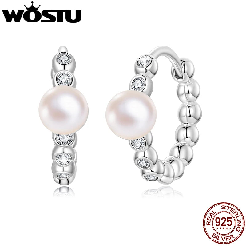 WOSTU Moissanite & Natural Pearl Bubble Hoop Earrings For Women, 925 Sterling Silver Elegant Huggies Pendient Xmas New Gift