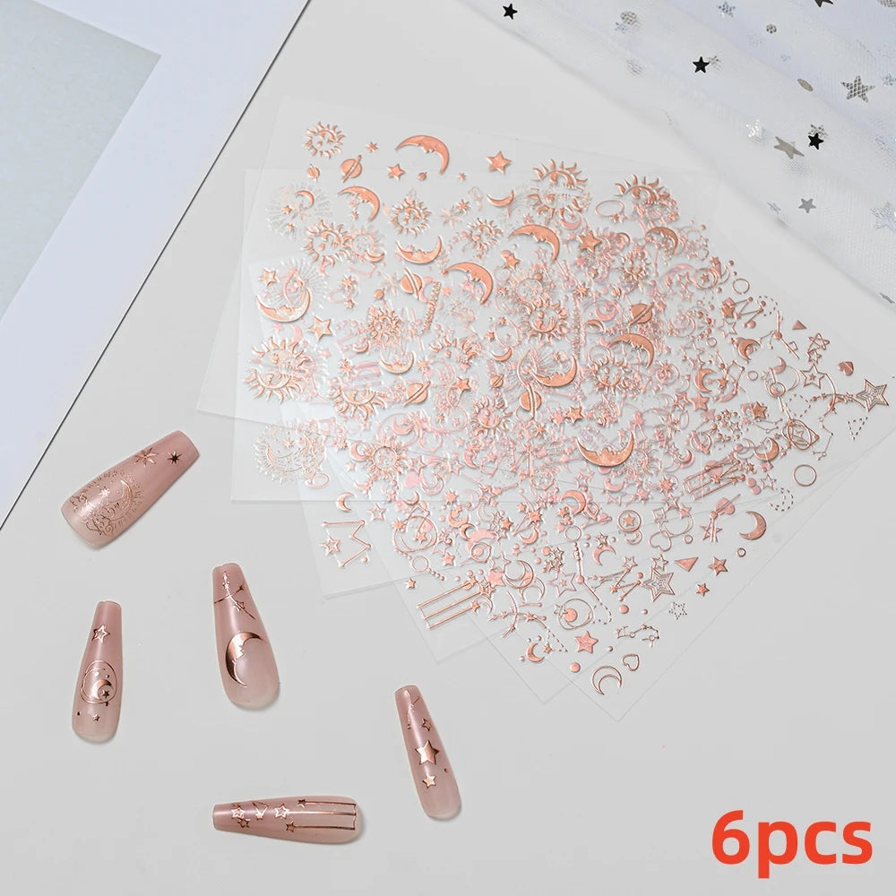 7pcs/Set Bronzing Gold/Silver Nail Art Sticker Sun Stars Moon Design Nail Decals 8*10CM Laser Bohemia Self-Adhesive Slider NLS