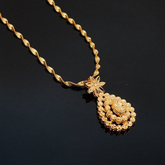 Luxury Gold Teardrop Jewelry Set Star Flower Pendant Necklace Hook Earrings 24K Gold Plated Dubai Style Bridal Wedding Jewelry