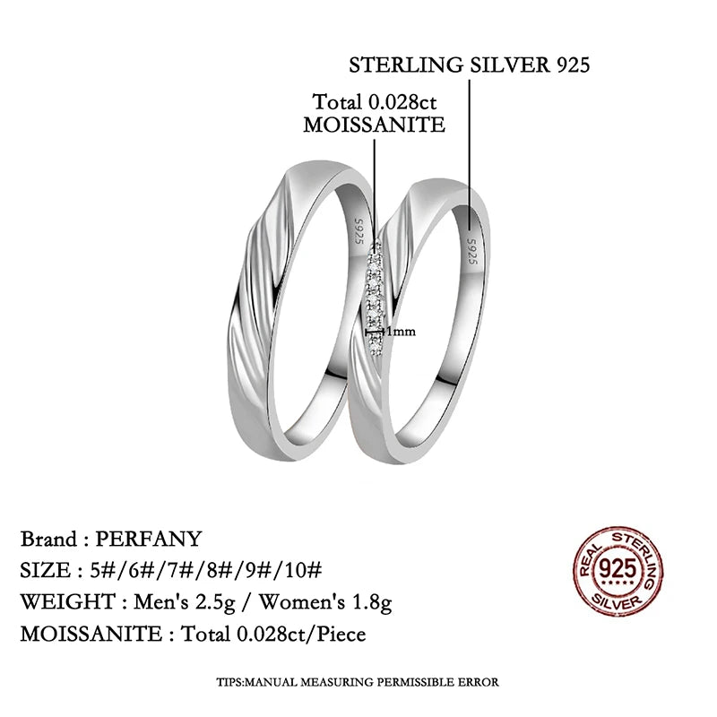 PERFANY  S925 Pure Silver Moissanite Ring for Women Men Classic Couple Ring Wedding Jewelry Christmas Gift